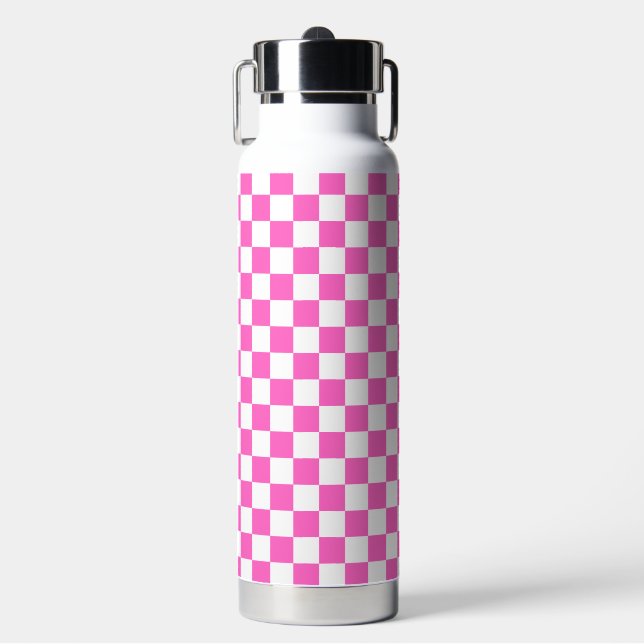 Classic visual pink chequerboard  water bottle (Front)