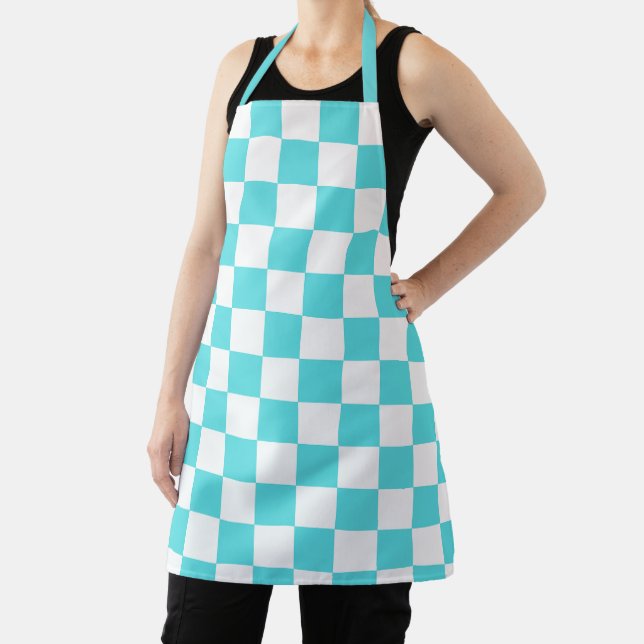 Classic visual turquoise blue chequerboard  apron (Insitu)