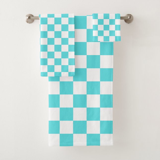 Classic visual turquoise blue chequerboard  bath towel set (Insitu)