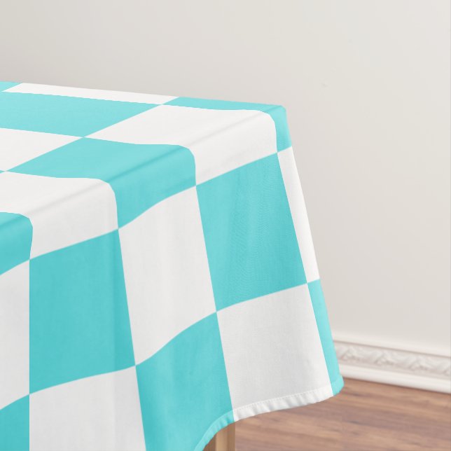 Classic visual turquoise blue chequerboard  tablecloth (In Situ)