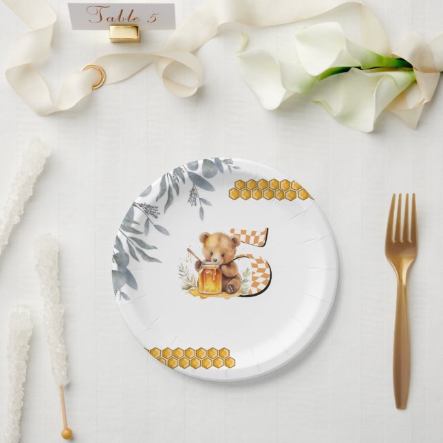 Classic Watercolor Bear Honey fifth birthday  Paper Plate (Wedding)