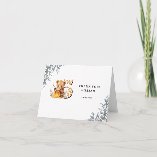 Classic Watercolor Bear Honey fifth birthday  Thank You Card (Front)