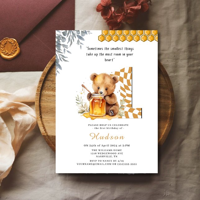 Classic Watercolor Bear Honey First birthday Invitation (Creator Uploaded)