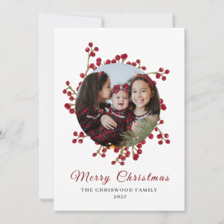 Classic Watercolor Berry Wreath Photo Christmas Holiday Card