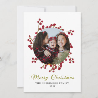 Classic Watercolor Berry Wreath Photo Christmas Holiday Card