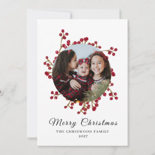 Classic Watercolor Berry Wreath Photo Christmas Holiday Card