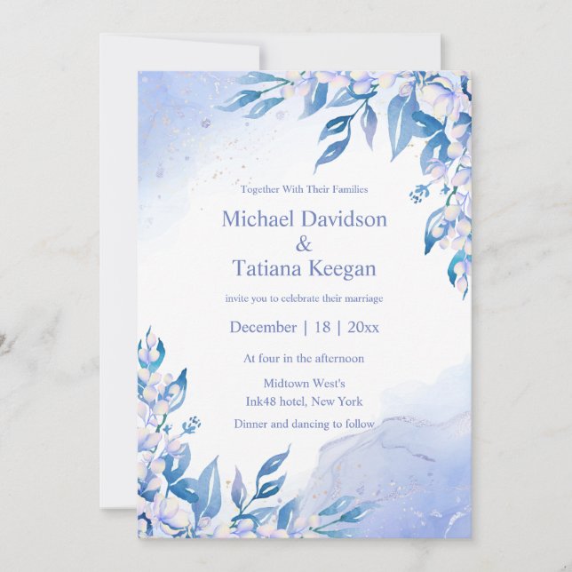 classic watercolor blue floral winter wedding  invitation (Front)