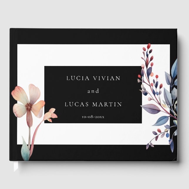 Classic Watercolor Blue Leaves Black Wedding Guest Book (Front)