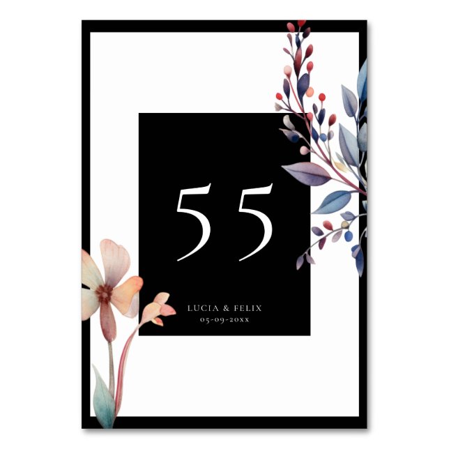 Classic Watercolor Blue Leaves Black Wedding Table Number (Front)
