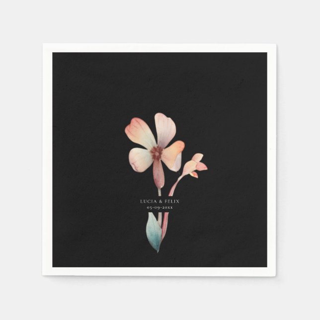 Classic Watercolor Blue Leaves Floral Black Napkin (Front)