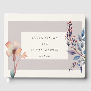Classic Watercolor Blue Leaves Minimalist Wedding  Guest Book