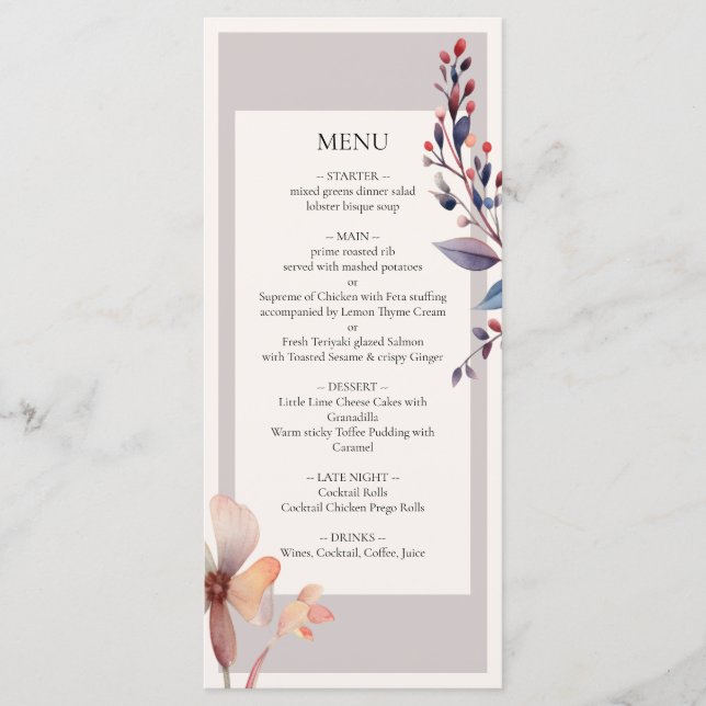 Classic Watercolor Blue Leaves Minimalist Wedding Menu (Front)