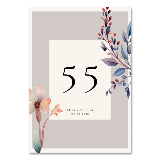 Classic Watercolor Blue Leaves Wedding Table Number (Front)