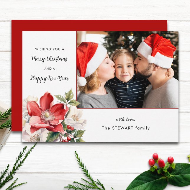 Classic Watercolor Christmas Floral Photo Holiday Card (Creator Uploaded)