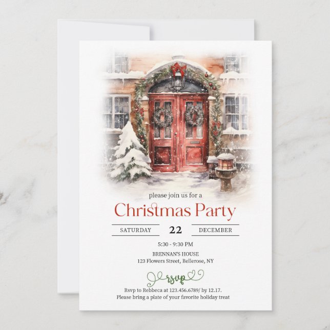Classic watercolor Christmas red door with snow Invitation (Front)