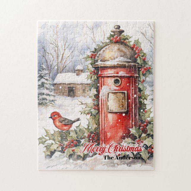 Classic watercolor Christmas scene with red robin Jigsaw Puzzle (Vertical)