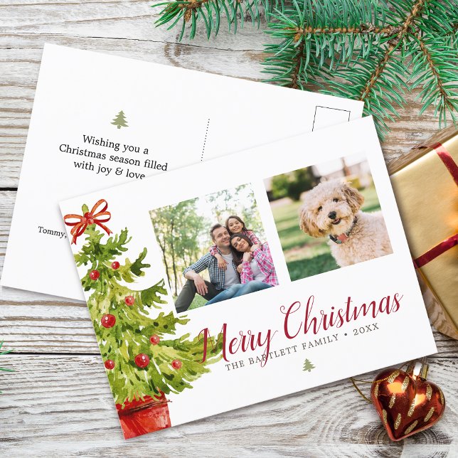 Classic Watercolor Christmas Tree 2 Photos Holiday Postcard (Classic Watercolor Christmas Tree 2 Photos Holiday Postcard)