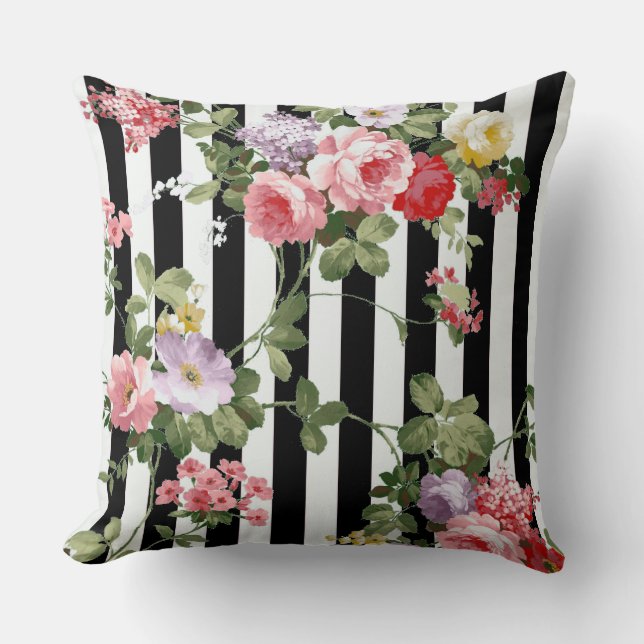 Classic Watercolor Floral Black Stripe Cushion (Front)