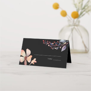 Classic Watercolor Floral Leaves Black Wedding Place Card