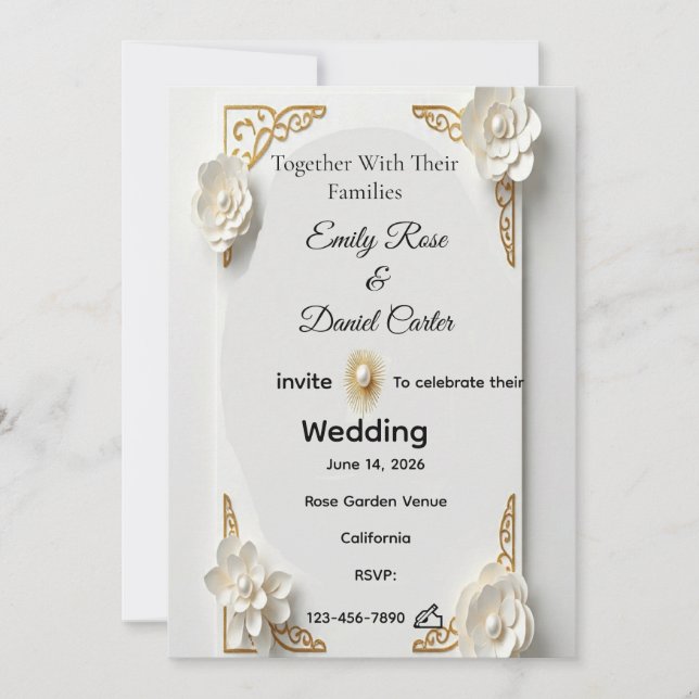 Classic watercolor, goldand frora frame invitation (Front)