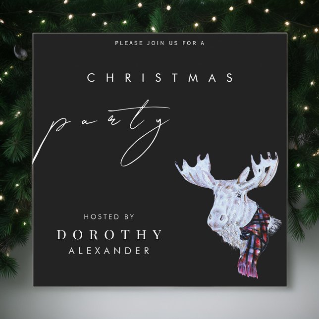 Classic Watercolor Moose Christmas Party Black Invitation (Creator Uploaded)