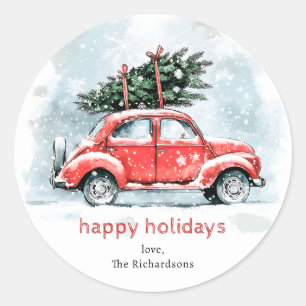 Classic Watercolor Red Car Christmas Tree Holiday  Round Sticker