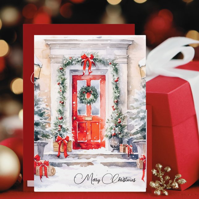 Classic Watercolor Red Door Green Wreath Christmas Holiday Card (Creator Uploaded)