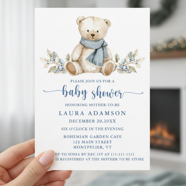 Classic Watercolor Teddy Bear Winter Baby Shower Invitation (Creator Uploaded)