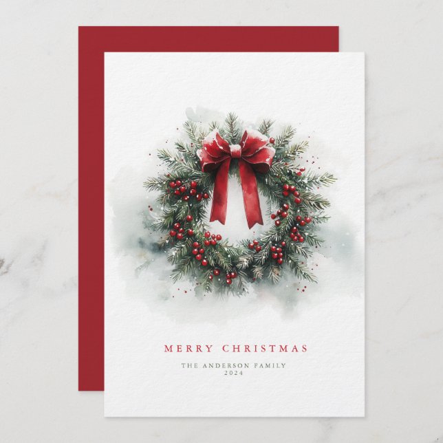 Classic Watercolor Wreath Christmas Card (Front/Back)