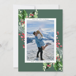Classic Watercolour Holly Green Christmas Photo Holiday Card