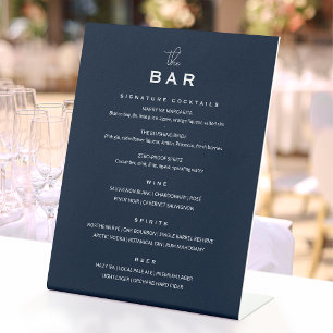 Classic Wedding Bar Menu Chic Minimalist Navy Pedestal Sign