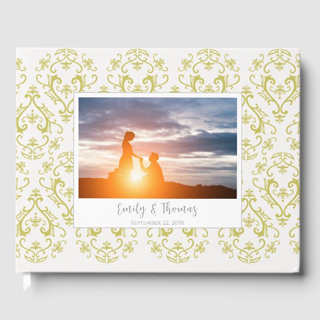 Classic Wedding Elegant Damask Pattern Gold Guest Book (Front)