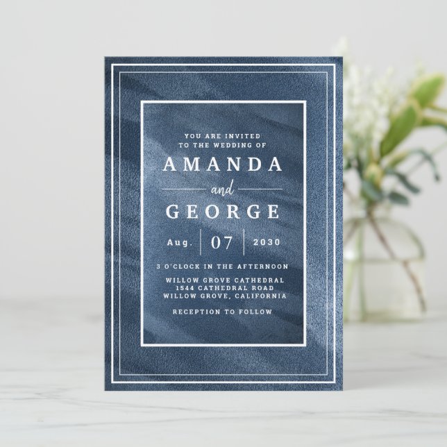 Classic wedding invitation with blue texture (Standing Front)