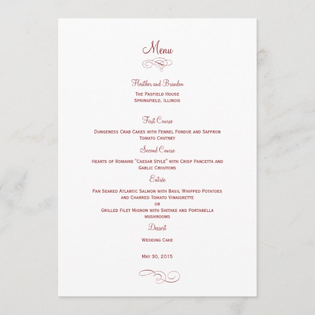 Classic Wedding Menu Card - (Red) Menu Cards (Front)
