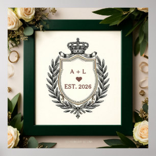 Classic Wedding Monogram With Ornate Crown Crest Poster