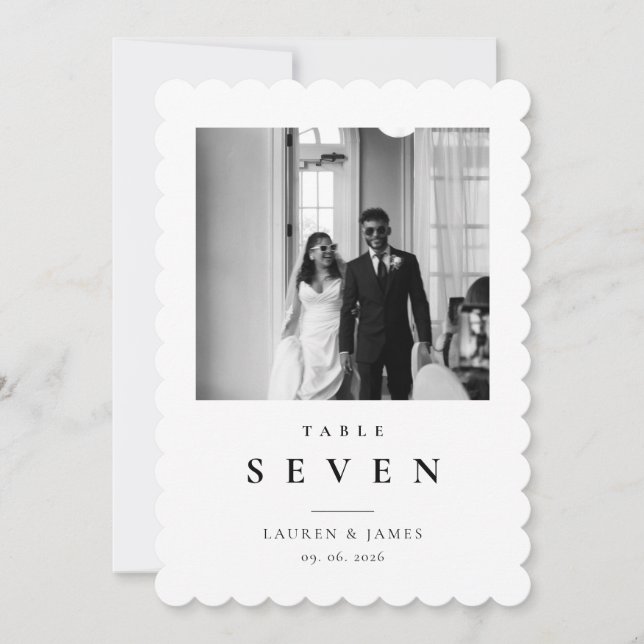 Classic Wedding Photo Scalloped Table Number Card (Front)