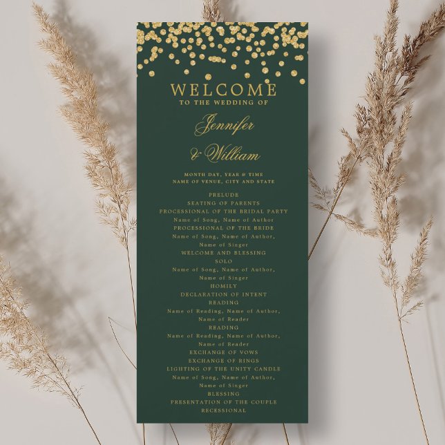 Classic Wedding Program Confetti Gold Emerald Invitation (Classic Wedding Program Confetti Gold Emerald)
