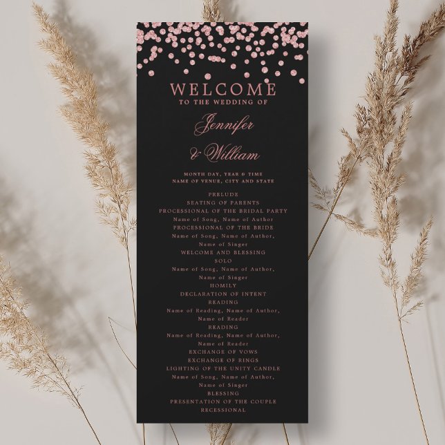 Classic Wedding Program Confetti Rose Gold Black Invitation (Classic Wedding Program Confetti Rose Gold Black)