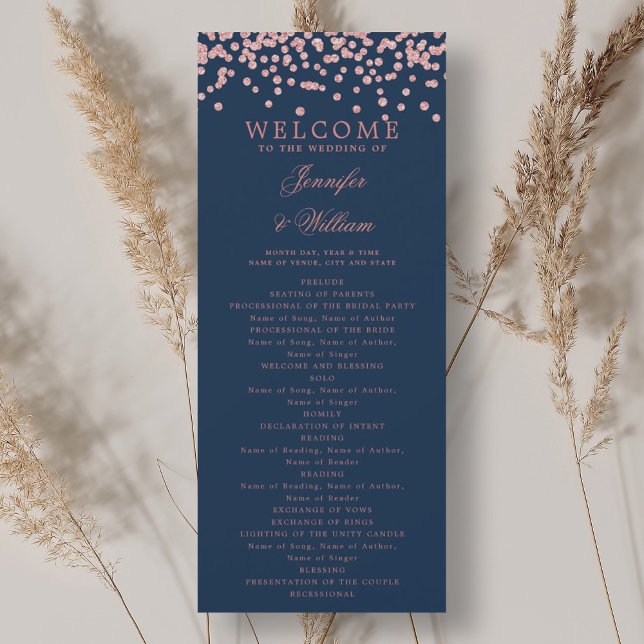 Classic Wedding Program Confetti Rose Gold Navy  Invitation (Classic Wedding Program Confetti Rose Gold Navy )