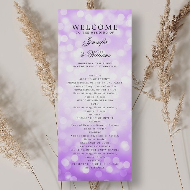 Classic Wedding Program Purple Bokeh Lights Invitation (Classic Wedding Program Purple Bokeh Lights)