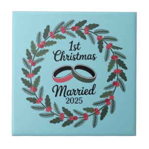 Classic Wedding Rings Wreath 1st Christmas Tile