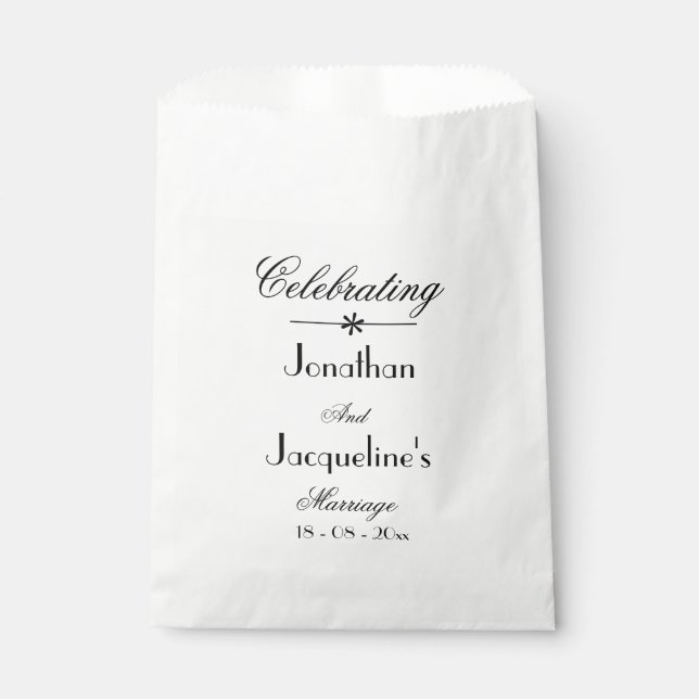 Classic Wedding Script Names Elegant White Favour Bags (Front)
