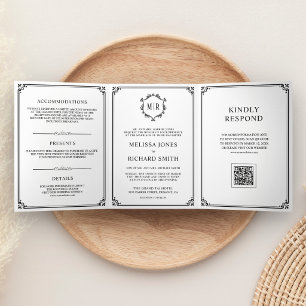 Classic White and Black Monogram QR Code Wedding Tri-Fold Invitation