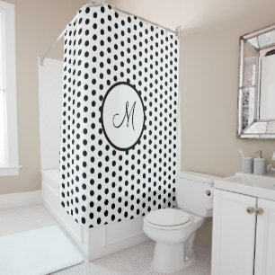 Classic White and Black Polka Dots Monogrammed Shower Curtain