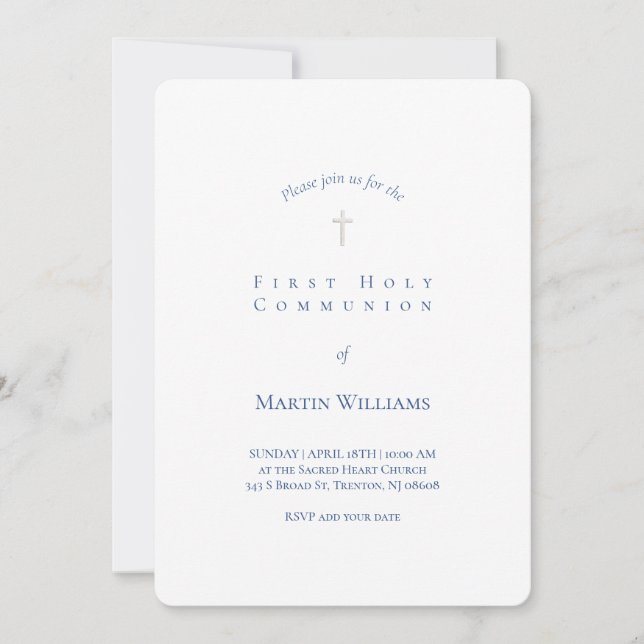 classic white and blue First Communion boy  Invitation (Front)