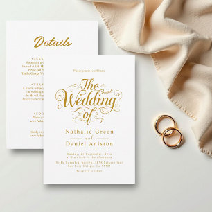 Classic White and Gold Calligraphy Script Wedding Invitation