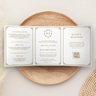 Classic White and Gold Monogram QR Code Wedding Tri-Fold Invitation