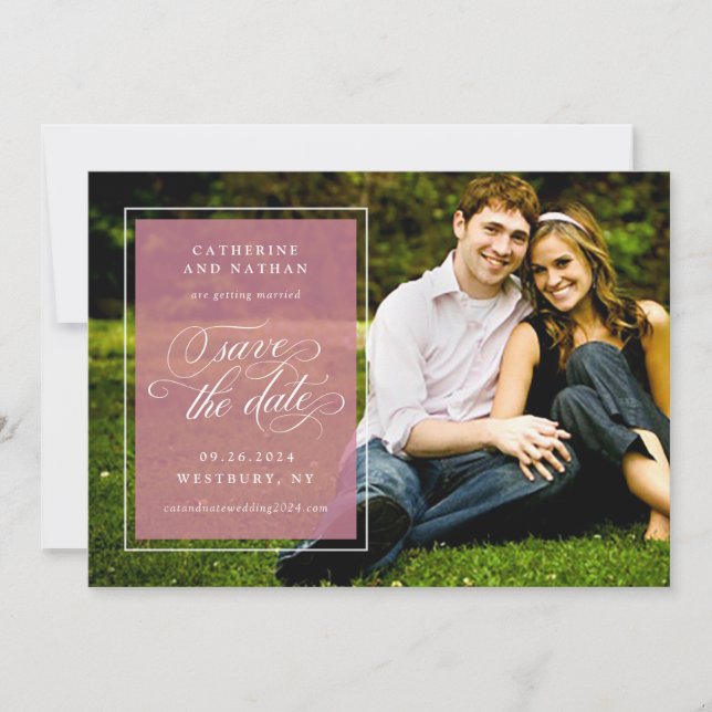 Classic White and Pink Elegant Script Wedding Save The Date (Front)