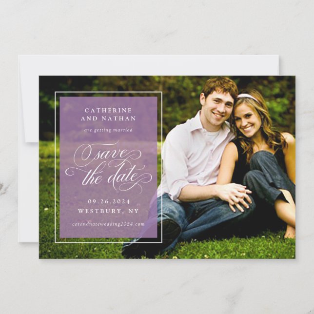 Classic White and Purple Elegant Script Wedding Save The Date (Front)