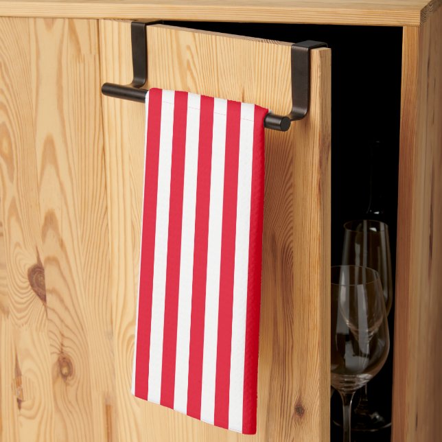 Classic White and Red Vertical Stripes Tea Towel (Thirds Fold)
